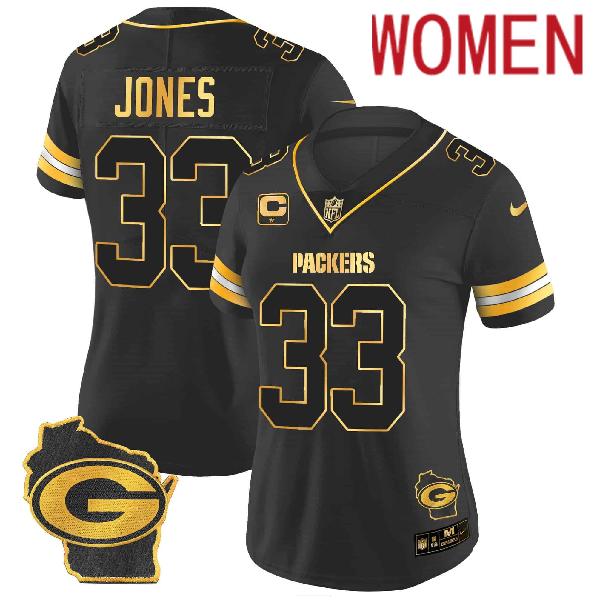 Women Green Bay Packers 33 Jones Black Gold 2024 Nike Home Patch Vapor NFL Jersey style 2